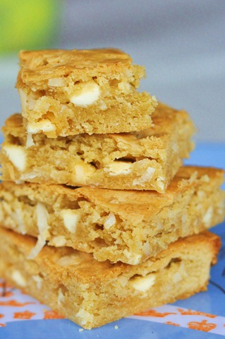 Stacked Brown Buttered Blondies with White Chocolate & Coconut